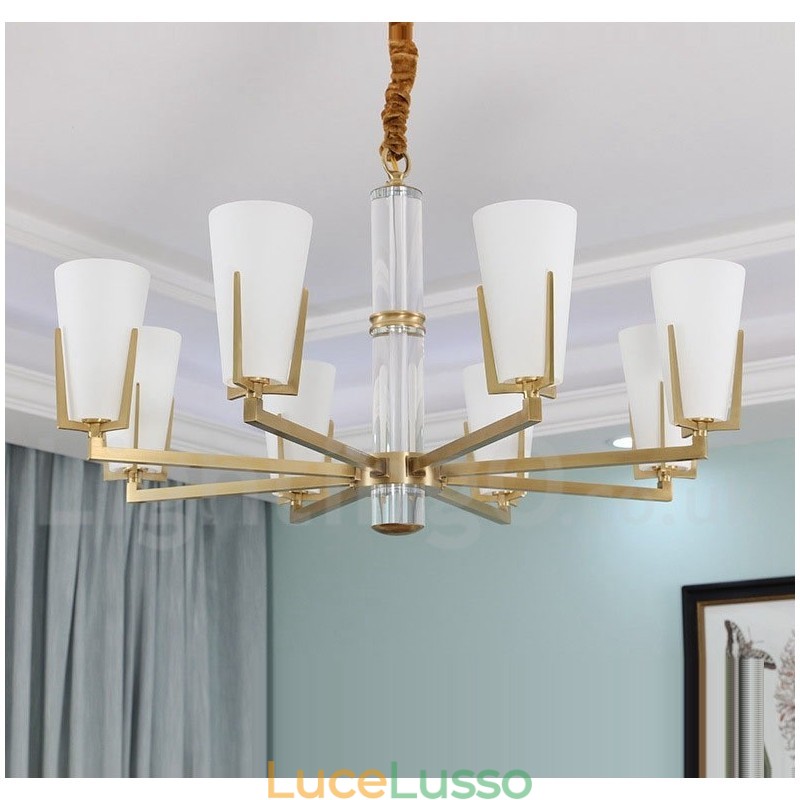 Lampadario a sospensione in cristallo di ottone retrò vintage con paralumi in vetro