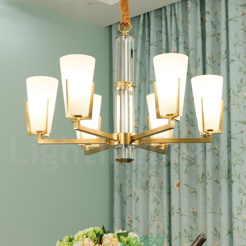 Lampadario a sospensione in cristallo di ottone retrò vintage con paralumi in vetro