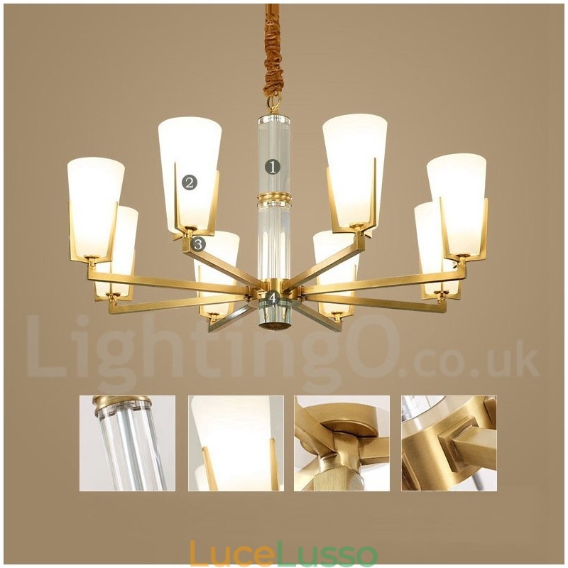 Lampadario a sospensione in cristallo di ottone retrò vintage con paralumi in vetro