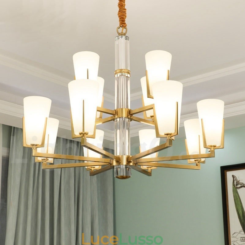Lampadario a sospensione in cristallo di ottone retrò vintage con paralumi in vetro