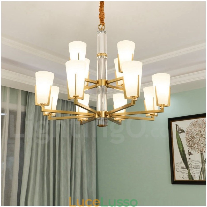 Lampadario a sospensione in cristallo di ottone retrò vintage con paralumi in vetro