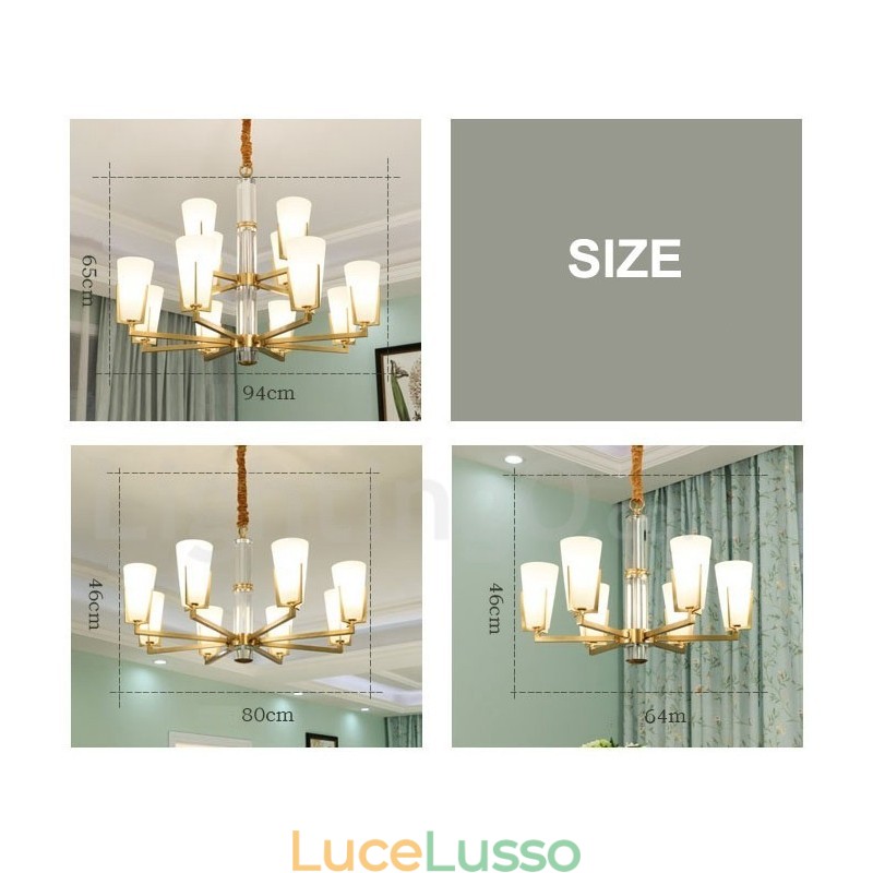 Lampadario a sospensione in cristallo di ottone retrò vintage con paralumi in vetro