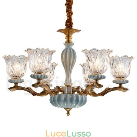 Lampadario a sospensione in ceramica in ottone retrò vintage con paralumi in vetro Lampadario a sospensione in ceramica in ottone retrò vintage con paralumi in vetro
