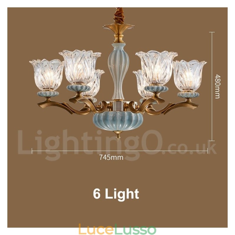 Lampadario a sospensione in ceramica in ottone retrò vintage con paralumi in vetro