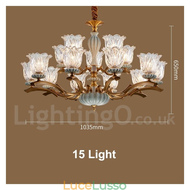 Lampadario a sospensione in ceramica in ottone retrò vintage con paralumi in vetro