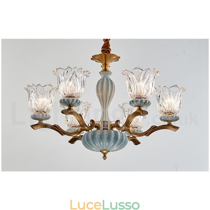 Lampadario a sospensione in ceramica in ottone retrò vintage con paralumi in vetro
