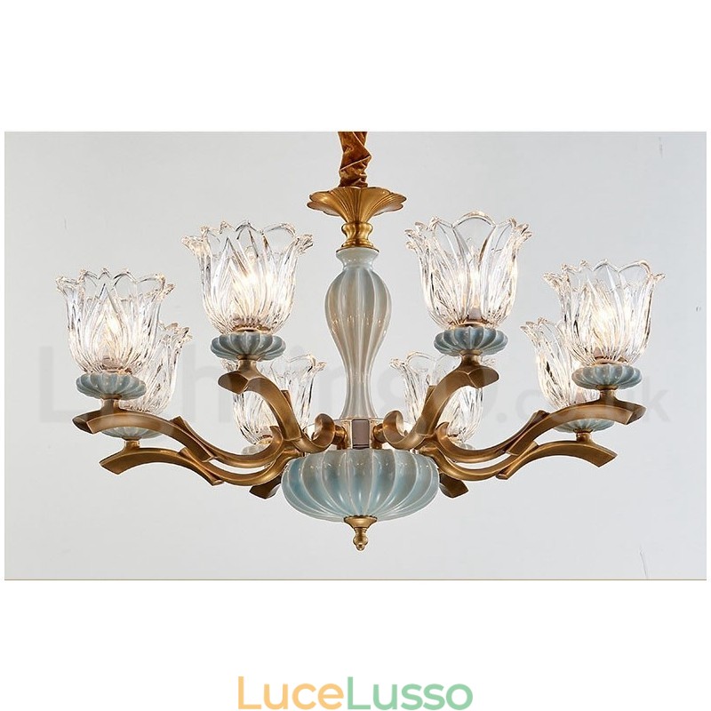 Lampadario a sospensione in ceramica in ottone retrò vintage con paralumi in vetro