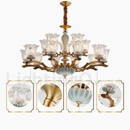 Lampadario a sospensione in ceramica in ottone retrò vintage con paralumi in vetro