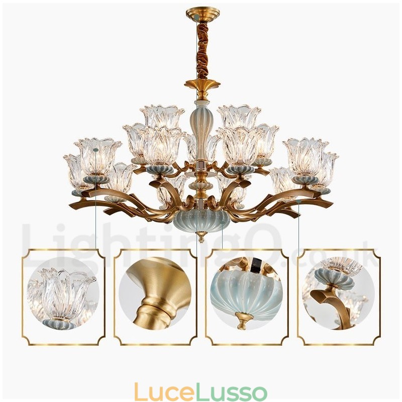 Lampadario a sospensione in ceramica in ottone retrò vintage con paralumi in vetro