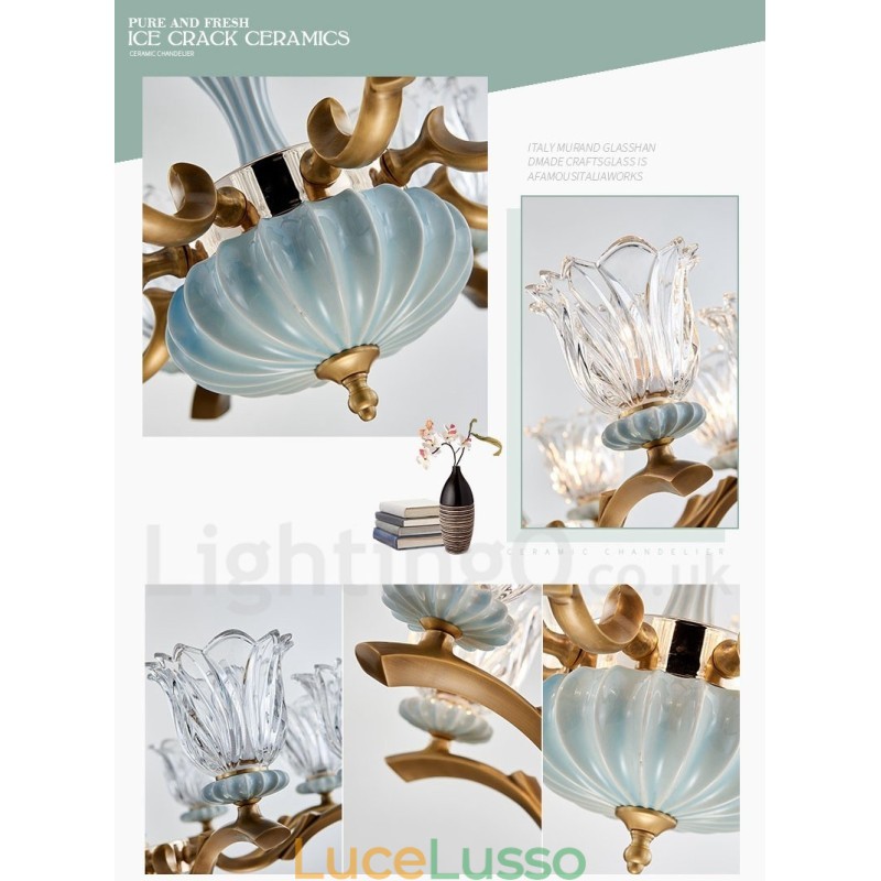 Lampadario a sospensione in ceramica in ottone retrò vintage con paralumi in vetro