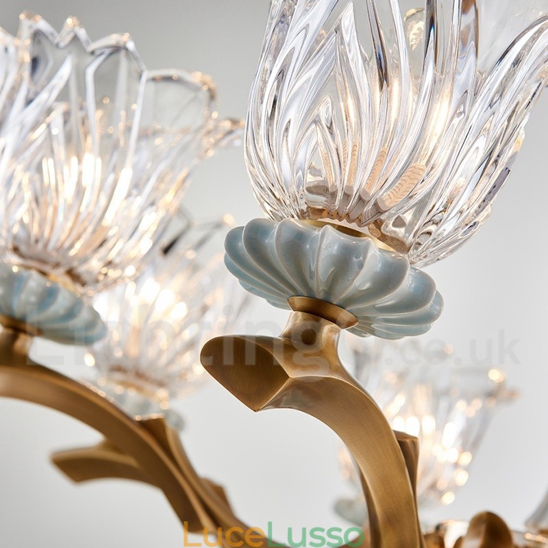 Lampadario a sospensione in ceramica in ottone retrò vintage con paralumi in vetro