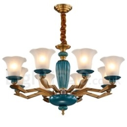 Lampadario a sospensione in ceramica in ottone retrò vintage con paralumi in vetro