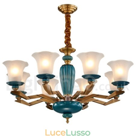 Lampadario a sospensione in ceramica in ottone retrò vintage con paralumi in vetro Lampadario a sospensione in ceramica in ottone retrò vintage con paralumi in vetro