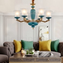 Lampadario a sospensione in ceramica in ottone retrò vintage con paralumi in vetro