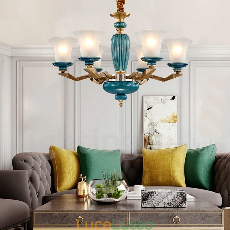 Lampadario a sospensione in ceramica in ottone retrò vintage con paralumi in vetro