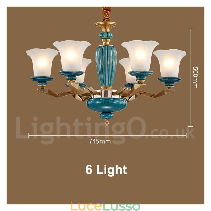 Lampadario a sospensione in ceramica in ottone retrò vintage con paralumi in vetro