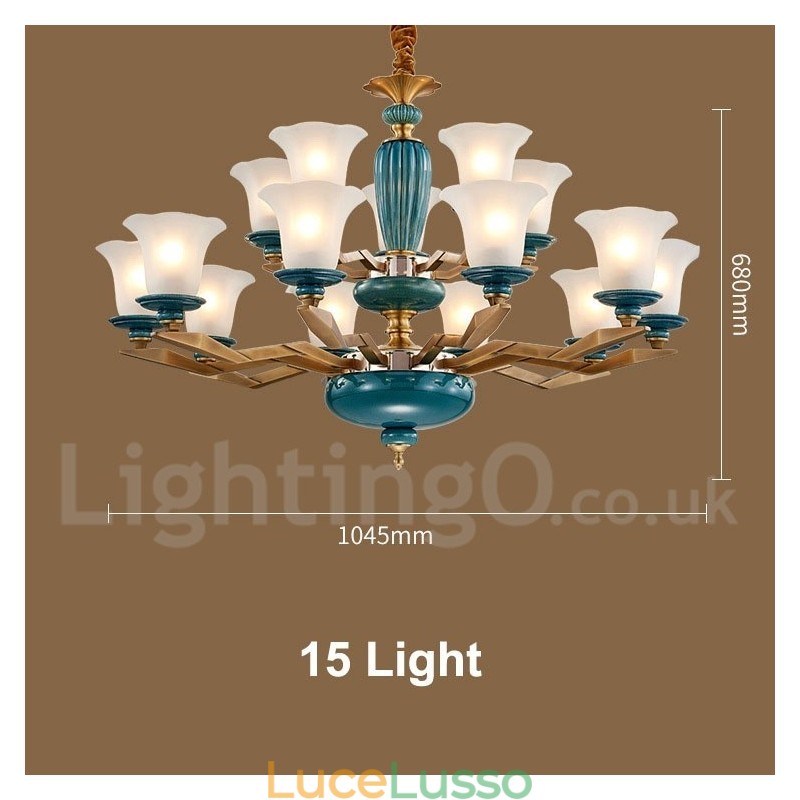 Lampadario a sospensione in ceramica in ottone retrò vintage con paralumi in vetro