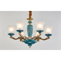 Lampadario a sospensione in ceramica in ottone retrò vintage con paralumi in vetro