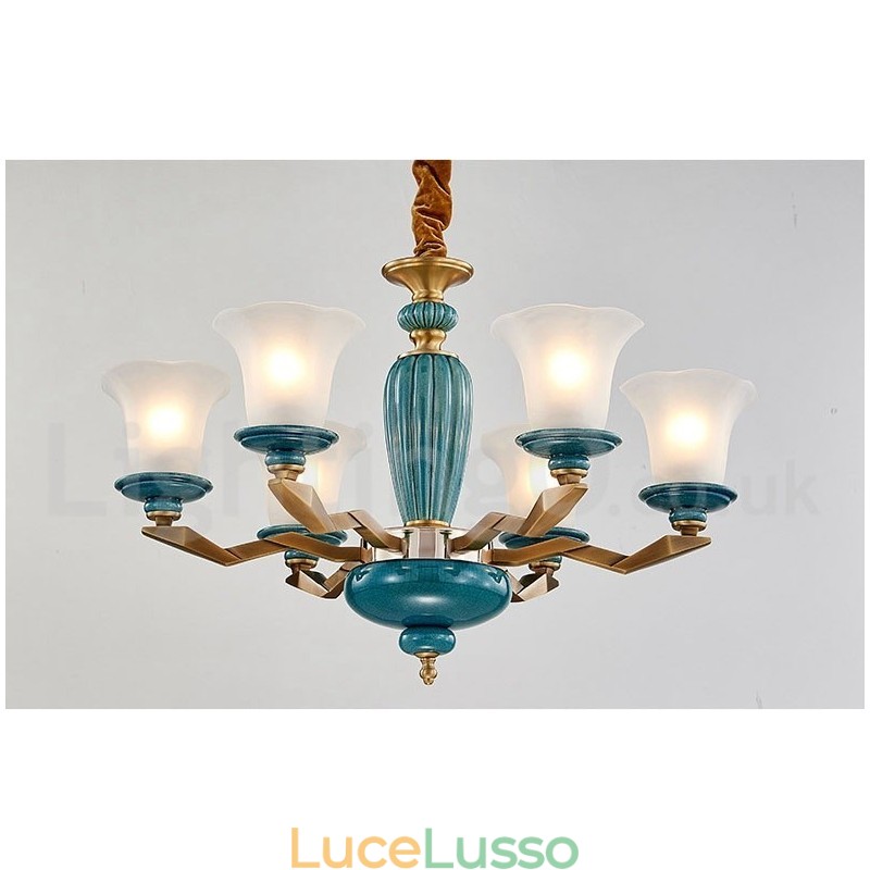 Lampadario a sospensione in ceramica in ottone retrò vintage con paralumi in vetro