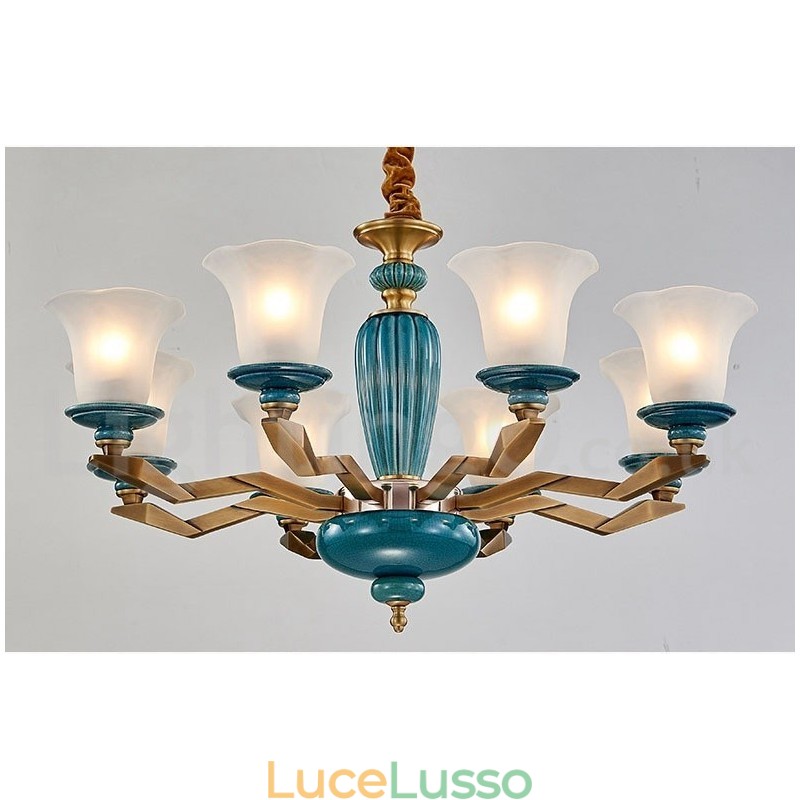 Lampadario a sospensione in ceramica in ottone retrò vintage con paralumi in vetro