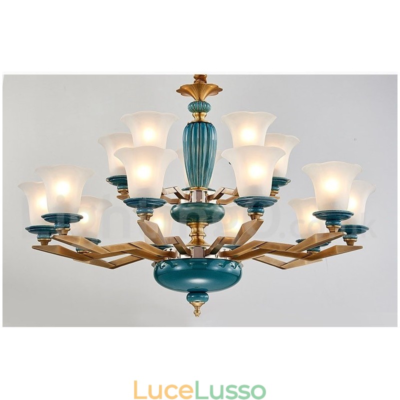 Lampadario a sospensione in ceramica in ottone retrò vintage con paralumi in vetro