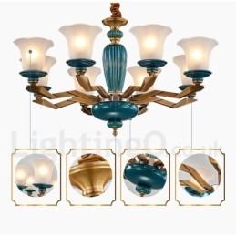 Lampadario a sospensione in ceramica in ottone retrò vintage con paralumi in vetro
