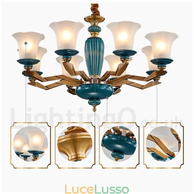 Lampadario a sospensione in ceramica in ottone retrò vintage con paralumi in vetro