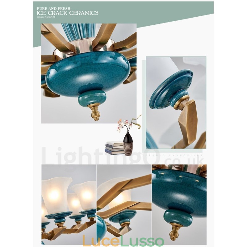 Lampadario a sospensione in ceramica in ottone retrò vintage con paralumi in vetro