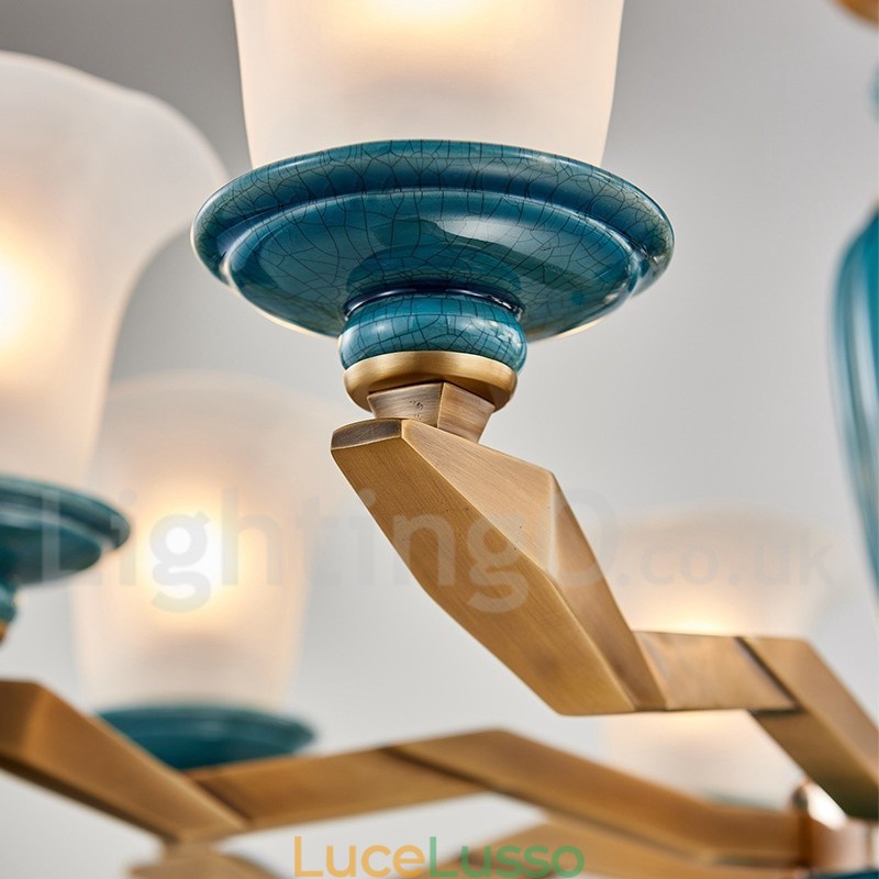 Lampadario a sospensione in ceramica in ottone retrò vintage con paralumi in vetro