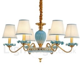 Lampadario a sospensione in ceramica in ottone retrò vintage con paralumi in tessuto blu
