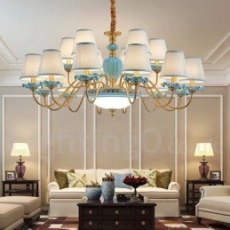 Lampadario a sospensione in ceramica in ottone retrò vintage con paralumi in tessuto blu