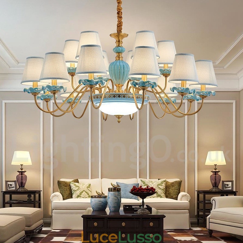 Lampadario a sospensione in ceramica in ottone retrò vintage con paralumi in tessuto blu