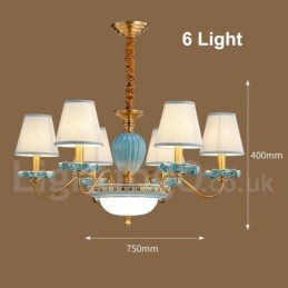 Lampadario a sospensione in ceramica in ottone retrò vintage con paralumi in tessuto blu
