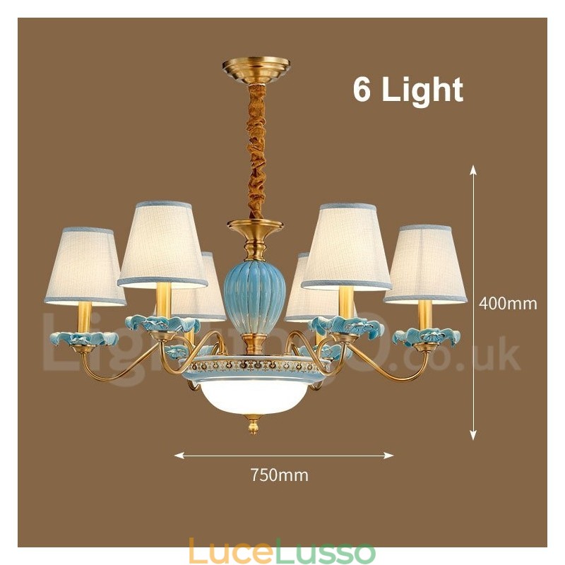 Lampadario a sospensione in ceramica in ottone retrò vintage con paralumi in tessuto blu
