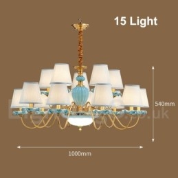 Lampadario a sospensione in ceramica in ottone retrò vintage con paralumi in tessuto blu