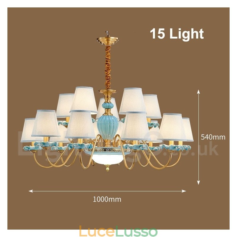 Lampadario a sospensione in ceramica in ottone retrò vintage con paralumi in tessuto blu