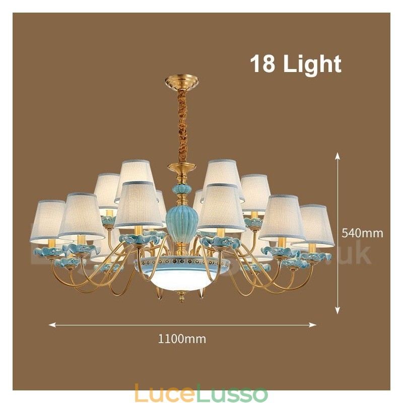 Lampadario a sospensione in ceramica in ottone retrò vintage con paralumi in tessuto blu