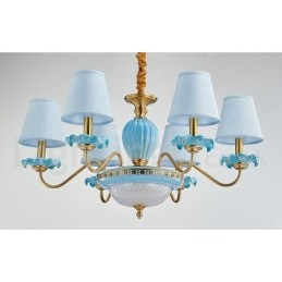 Lampadario a sospensione in ceramica in ottone retrò vintage con paralumi in tessuto blu