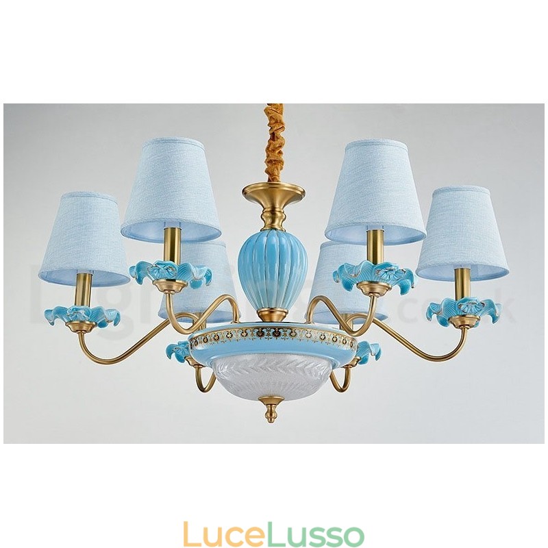 Lampadario a sospensione in ceramica in ottone retrò vintage con paralumi in tessuto blu