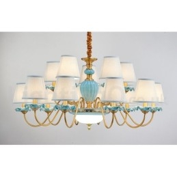 Lampadario a sospensione in ceramica in ottone retrò vintage con paralumi in tessuto blu