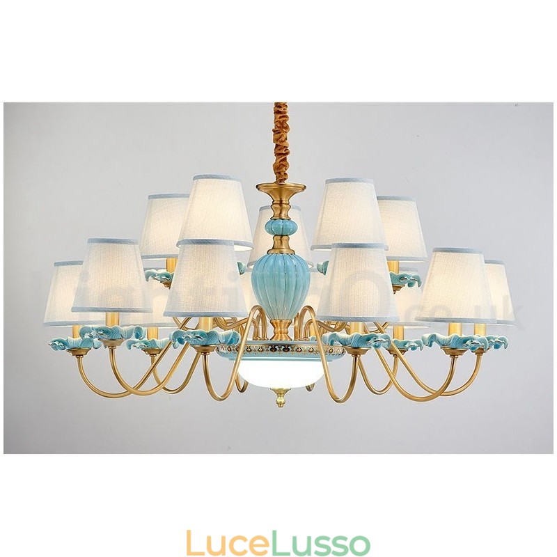 Lampadario a sospensione in ceramica in ottone retrò vintage con paralumi in tessuto blu
