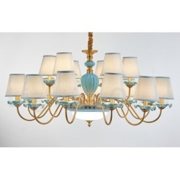 Lampadario a sospensione in ceramica in ottone retrò vintage con paralumi in tessuto blu