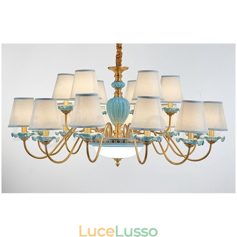 Lampadario a sospensione in ceramica in ottone retrò vintage con paralumi in tessuto blu