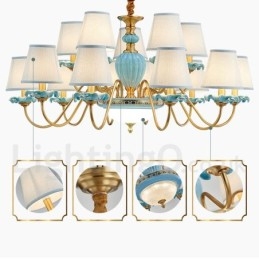 Lampadario a sospensione in ceramica in ottone retrò vintage con paralumi in tessuto blu