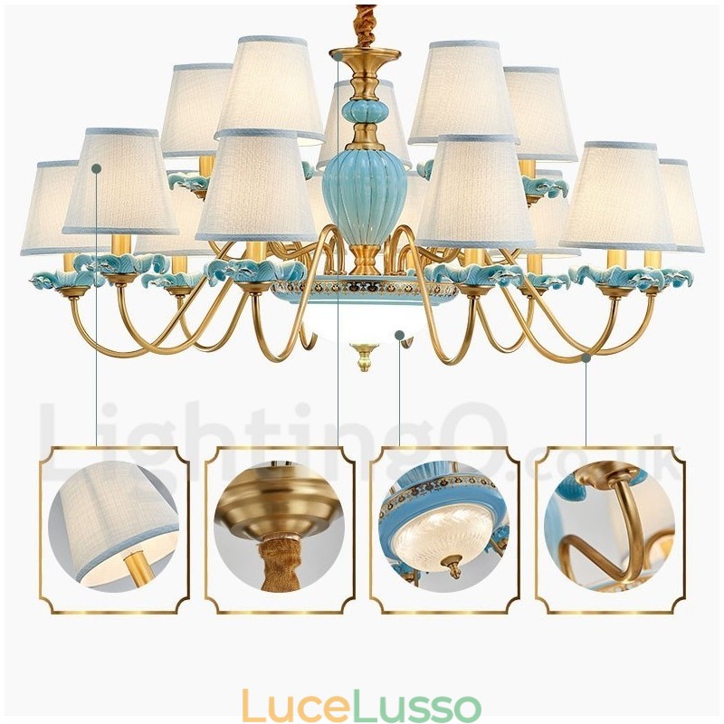 Lampadario a sospensione in ceramica in ottone retrò vintage con paralumi in tessuto blu