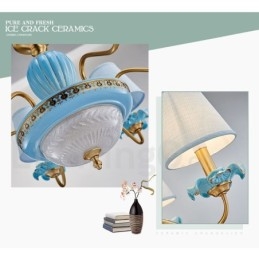 Lampadario a sospensione in ceramica in ottone retrò vintage con paralumi in tessuto blu