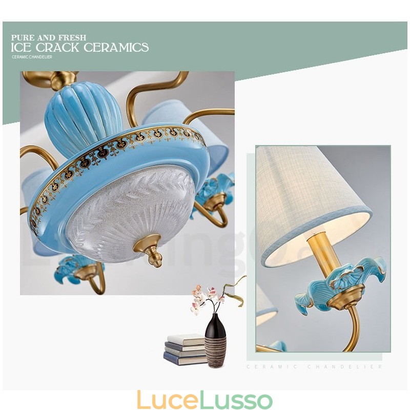Lampadario a sospensione in ceramica in ottone retrò vintage con paralumi in tessuto blu