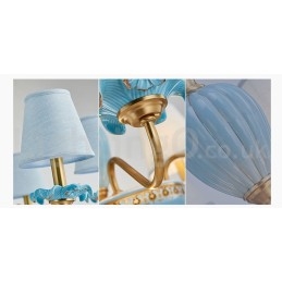 Lampadario a sospensione in ceramica in ottone retrò vintage con paralumi in tessuto blu