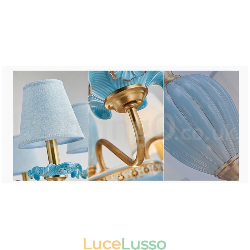Lampadario a sospensione in ceramica in ottone retrò vintage con paralumi in tessuto blu