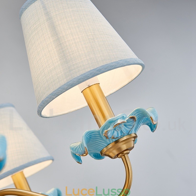 Lampadario a sospensione in ceramica in ottone retrò vintage con paralumi in tessuto blu